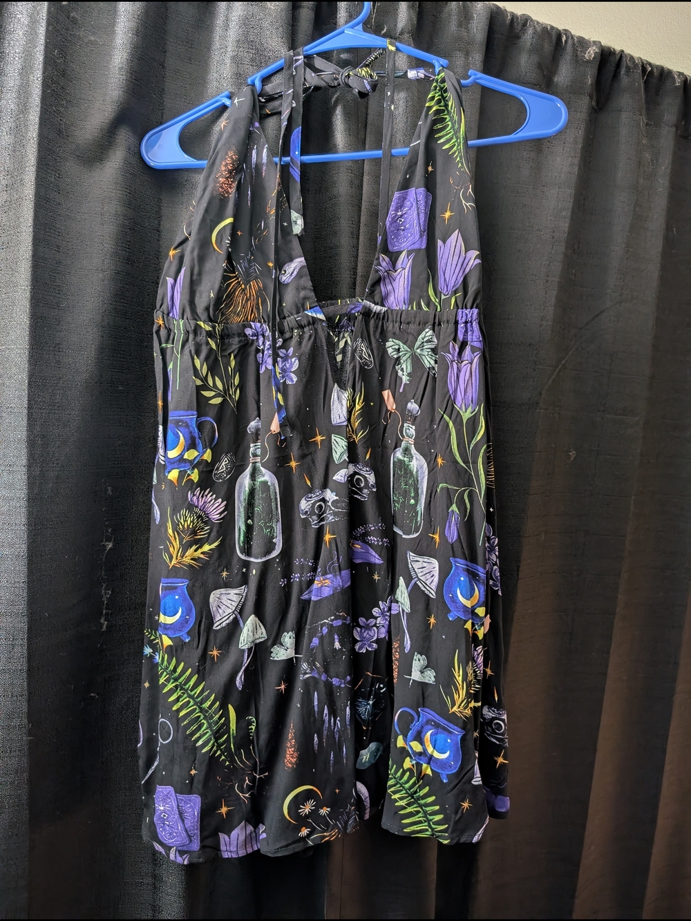 Cora NWOT Black Halter Romper with Purple & Green Botanical Print